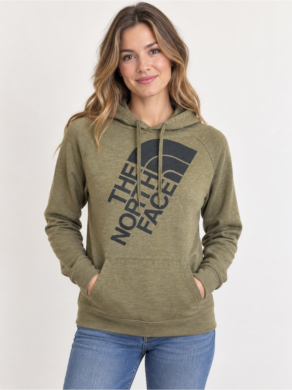 The North Face Womens S Green Logo Pullover Hoodie Fleece Lined Sweatshirt
